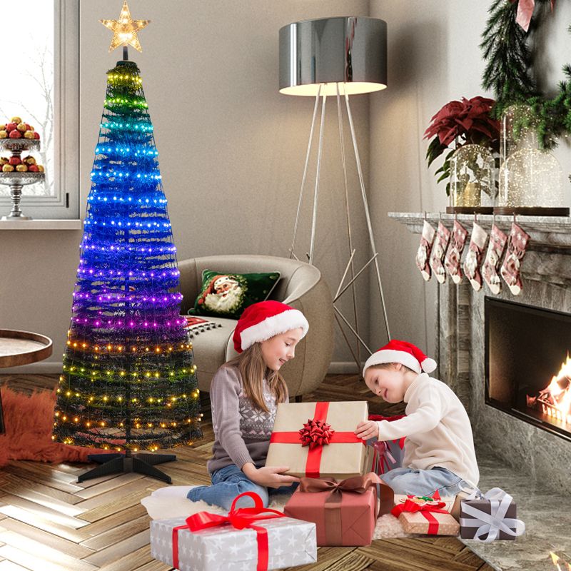 Tangkula 6FT Pop-up Pre-lit Christmas Tree Collapsible Artificial Xmas Tree w/282 RGB Multi-color Lights Tree Top Star, Metal Base, 4 of 11
