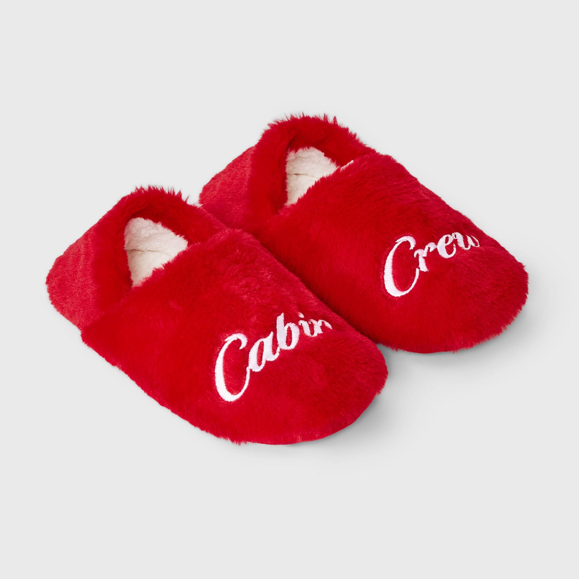 Adult Embroidered 'Cabin Crew' Faux Fur Christmas Slipper Socks with Grippers - Wondershop™ Red