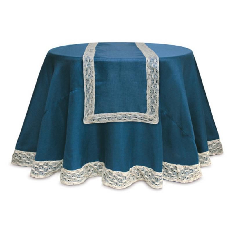 Melrose Opulent Blue and Cream Christmas Table Runner with Crocheted Edge 70, 1 of 2