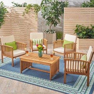 Christopher Knight Home Carolina Outdoor Acacia Wood 5 Piece Club Chair Chat Set with Cushions - 1 of 4