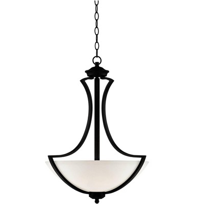 Possini Euro Design Dark Bronze Pendant Chandelier 19 1/2" Wide White Glass Bowl Shade 3-Light Fixture Dining Room House Kitchen