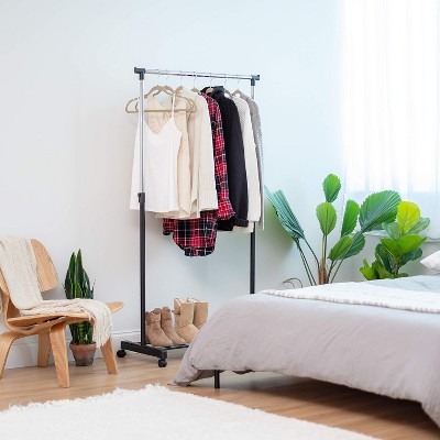 Adjustable Black Metal Single Rod Garment Rack with Wheels