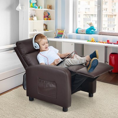 Brown Faux Leather Kids Recliner Armchair with Wood Frame
