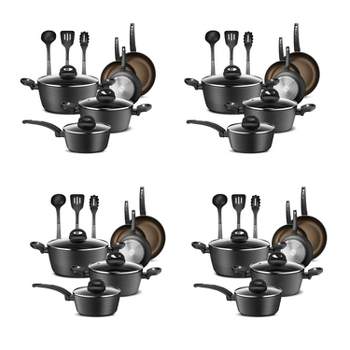 NutriChef Metallic Ridge Line Nonstick Cooking Kitchen Cookware Pots and Pan Set with with Lids and Utensils, 12 Piece Set, Gray (4 Pack)
