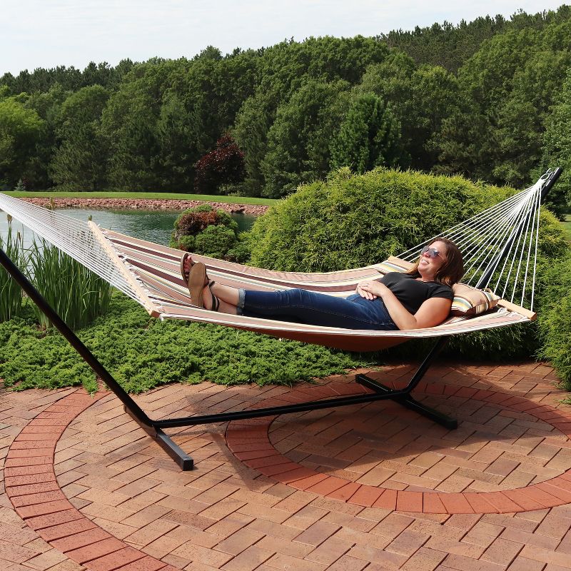 Sunnydaze Outdoor 2-Person Double Polyester Quilted Hammock with Wood Spreader Bar and 12ft Black Steel Stand, 5 of 18