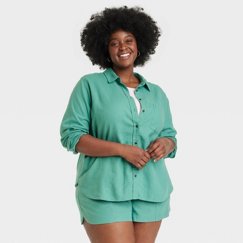Women's Linen Long Sleeve Collared Button-Down Shirt - Universal Thread™  Green 4X