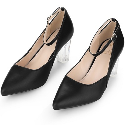 Perphy Women's Ankle Strap Pointed Toe Clear Chunky Heel Pumps