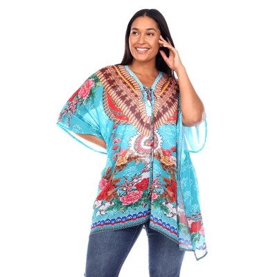 Women's Plus Size Short Caftan With Tie-up Neckline Blue One Size Fits ...