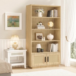 5 Tier Bookshelf, Boho Bookcase with Rattan Doors - 1 of 4