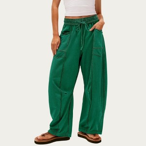Anna-Kaci Women’s Soft Wide Leg Pants with Cargo Style Seam Detailing Adjustable Drawstring Waistband and Relaxed Stretch Fit - 1 of 2