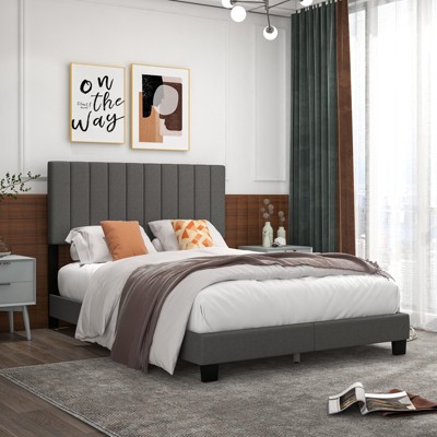 Infans Queen Upholstered Platform Bed Frame Mattress Foundation Box Spring Needed Gray