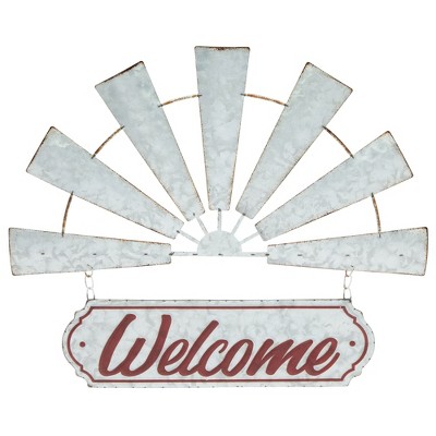 Farmlyn Creek Windmill Welcome Sign for Rustic Farmhouse Wall Decor, Galvanized Metal (White, 17 x 15 In)
