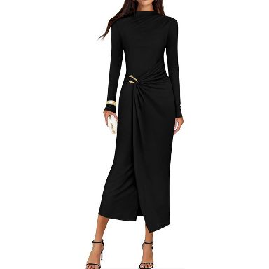 bodycon midi wedding guest dress LEVEN SIXTEEN Black Mock Neck Bodycon Midi Dress for Wedding Guest Black-Medium Medium