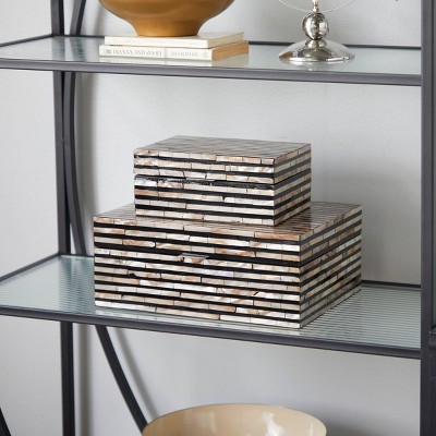 Set of 2 Black and Mother of Pearl Stackable Wooden Boxes