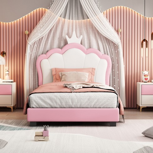 Twin Size Upholstered Platform Bed With Crown Headboard, Princess