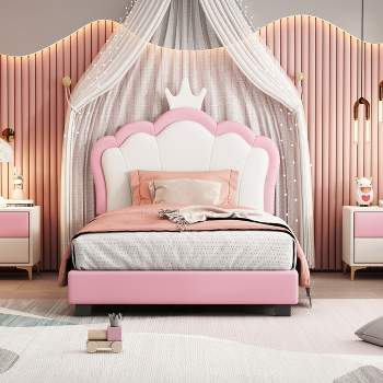 Upholstered Platform Bed With Crown Headboard, Princess Bed with Headboard and Footboard, White+Pink-ModernLuxe