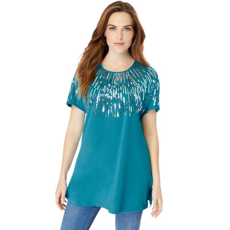 Roaman's Women's Plus Size Embellished Tunic with Side Slits, 1 of 3