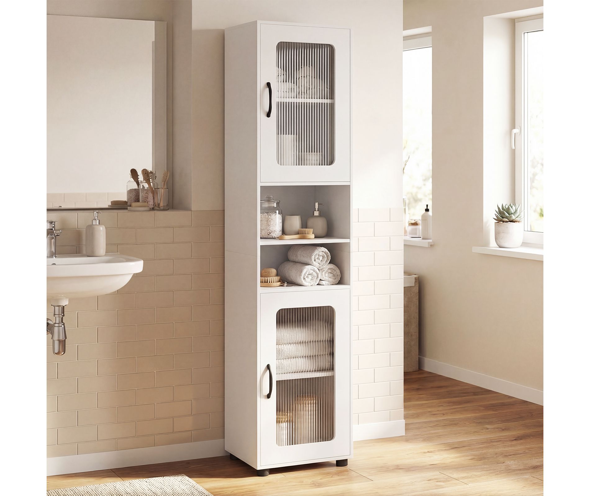 Costway Bathroom Cabinet, Slim Floor Storage Cabinet with 2 Fluted Doors,4 Rubber Feet White