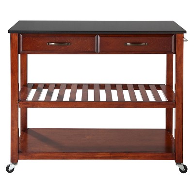 Cherry Wood Kitchen Cart with Black Granite Top and Wine Rack