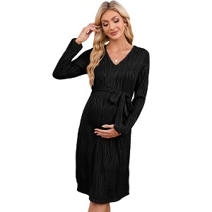 BLUEMING Maternity Sweater Dress for Baby Shower Party Wrap V Neck Puff Sleeve Tie Waist Pleated Midi Dresses - 1 of 4