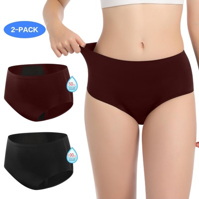 CARER 2pk Women's Comfort Period Underwear, Day & Night Period Absorbency Panties, Black & Wine, L