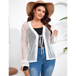 Women's Plus Size Knit Open Front Cardigan Hollow Out Summer Cardigan - 1 of 4