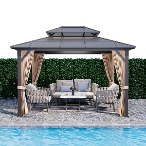 Hardtop Gazebo, Outdoor Polycarbonate Double Roof Canopy, Aluminum Frame Permanent Pavilion with Curtains - 1 of 4