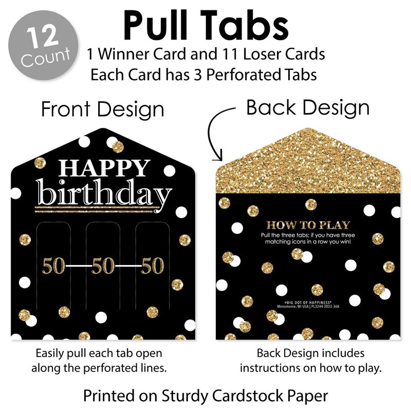 Big Dot of Happiness Adult 50th Birthday - Gold - Birthday Party Game Pickle Cards - Pull Tabs 3-in-a-Row - Set of 12, 5 of 7