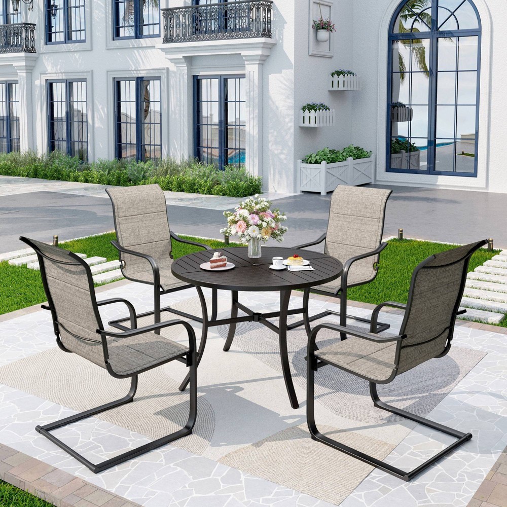 Photos - Dining Table 5pc Outdoor Dining Set with Padded Sling C-Spring Chairs & Round Metal Tab