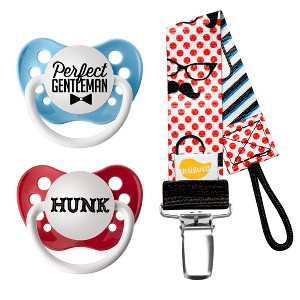 Ulubulu 2pk Pacifiers Perfect Gentleman & Hunk with 1pk Mustache & Glasses Pacifier Clip (0-6 Months), Size: 0-6M