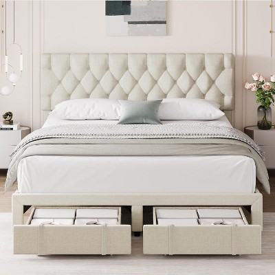 Homhougo Full Size Bed Frame, Upholstered Platform Bed Frame with Storage Drawers, Mattress Foundation with Solid Wooden Slats Support, Beige