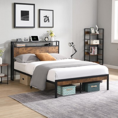 ALEXOUN Bed Frame Industrial Metal Platform Bed,with2-Tier Storage Headboard and Footboard & Under Bed Storage,No Box Spring Needed,Brown