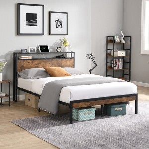 ALEXOUN Bed Frame Industrial Metal Platform Bed,with2-Tier Storage Headboard and Footboard & Under Bed Storage,No Box Spring Needed,Brown - 1 of 4