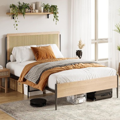 Rattan Bed Frame with Headboard, Boho Style Full Platform Bed with Strong Metal Slats Support