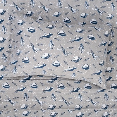 Twin Blue and Gray Spaceship Print Microfiber Sheet Set