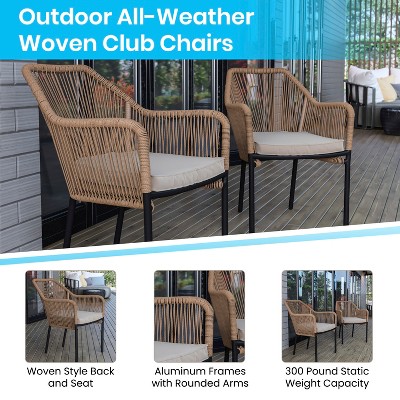 Natural Woven Patio Club Chairs with Beige Cushions, Set of 2