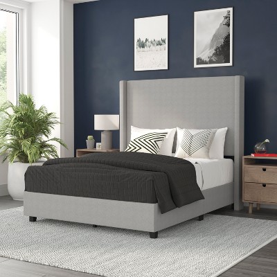 Gray Full Upholstered Platform Bed with Linen Headboard