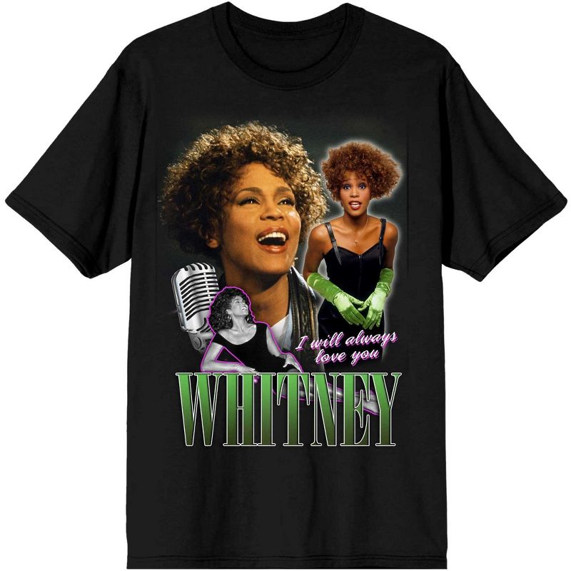 Whitney Houston I Will Always Love You Screen Print Men's Black T-shirt, 1 of 4