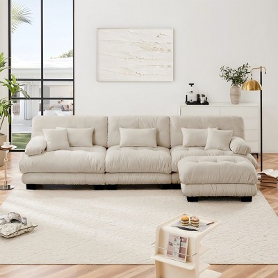 Cloud Couch Sectional Sofa,Upholstered Wide Arm Sofa with Convertible Ottoman,2 Seater Sofa With 2 Lumbar Pillows And 2 Throw Pillows-Maison Boucle