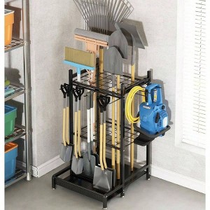 Garden Organizer Garage Utility Storage Racks with Hooks Metal Yard Stand Holder Black Long - Handled Broom Shovel Rake - 1 of 4
