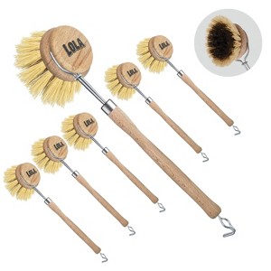 Lola Products - The Original- Pot & Pan Brush, Heavy Duty Brass Wire & Tampico Bristles, Handle Made from Sustainable Birch Wood for Cleaning, 6 Pack - 1 of 4