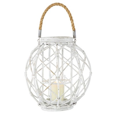 15" x 15" Woven Rattan/Glass Lantern with Burlap Jute Rope Handle White - Olivia & May