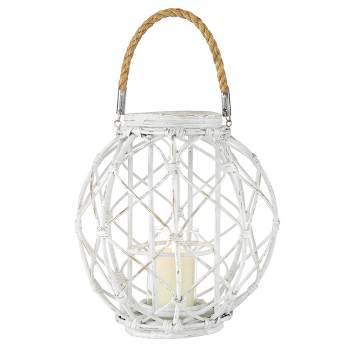 15" x 15" Woven Rattan/Glass Lantern with Burlap Jute Rope Handle White - Olivia & May