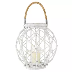 15" x 15" Woven Rattan/Glass Lantern with Burlap Jute Rope Handle White - Olivia & May
