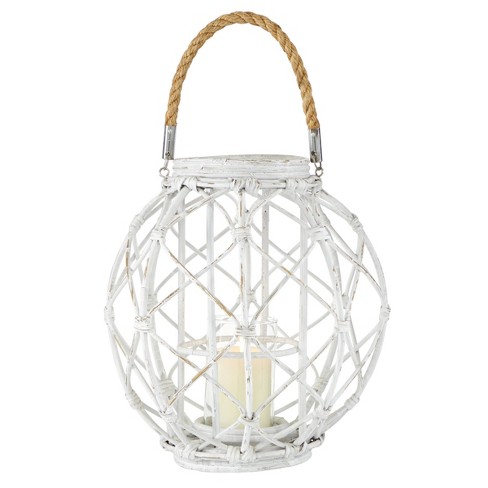 15 X 15 Woven Rattan/glass Lantern With Burlap Jute Rope Handle White -  Olivia & May : Target