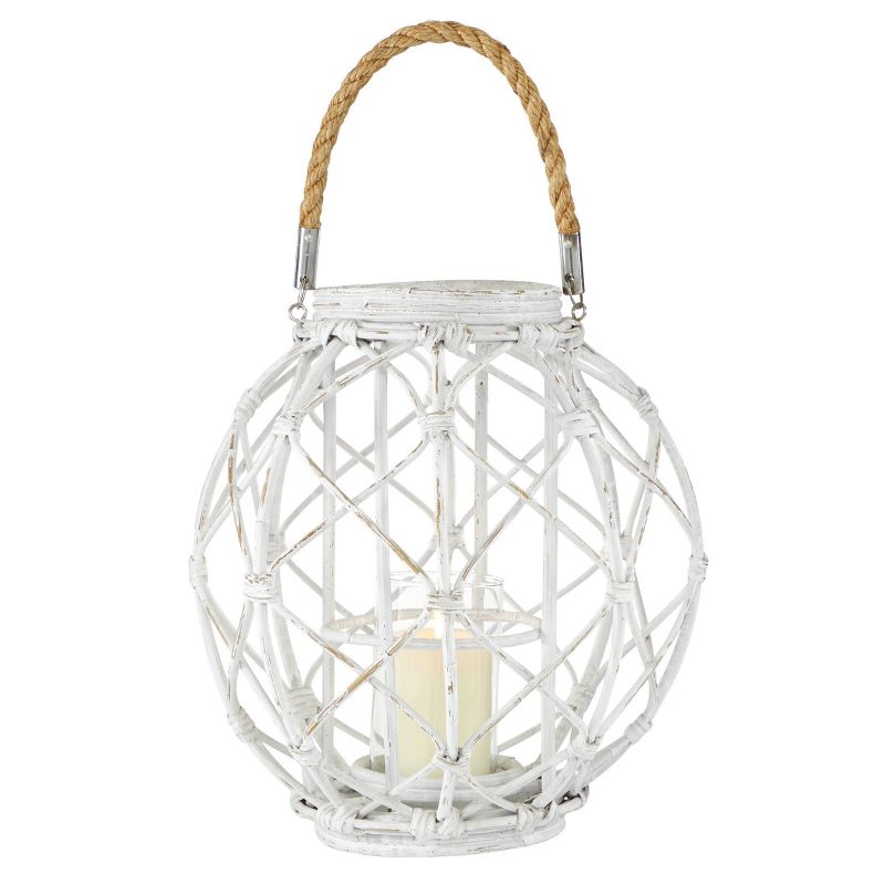 15&#34; x 15&#34; Woven Rattan/Glass Lantern with Burlap Jute Rope Handle White - Olivia &#38; May, 1 of 7