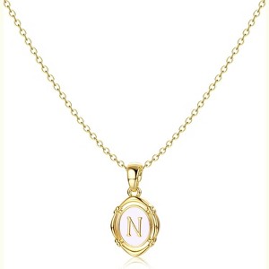14K Gold Plated Oval Initial Necklace White Enamel Personalized Jewelry - 1 of 4