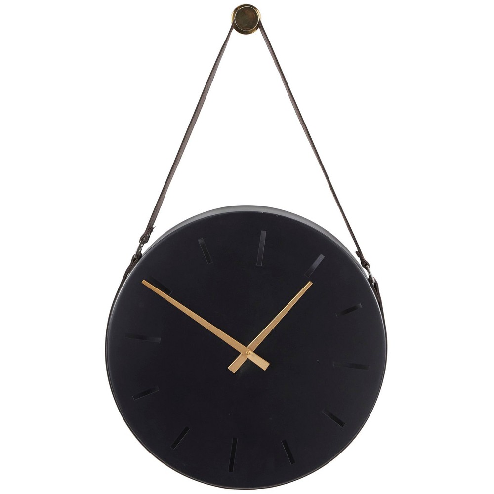 Photos - Wall Clock 27"x16" Stainless Steel  with Leather Hanging Straps Black - Oli