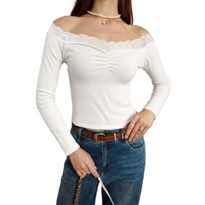 トップス S lace trim off shoulder tops (gray) YESFASHION Women Off-The-Shoulder Lace Trim Ruched Rib Long Sleeve