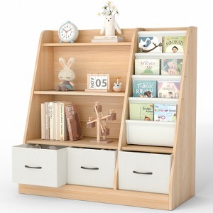 SUGIFT 4-Tier Kids Wooden Bookshelf with Sling Pockets & Drawers – Toy Storage Organizer for Nursery, Playroom & Bedroom - 1 of 4